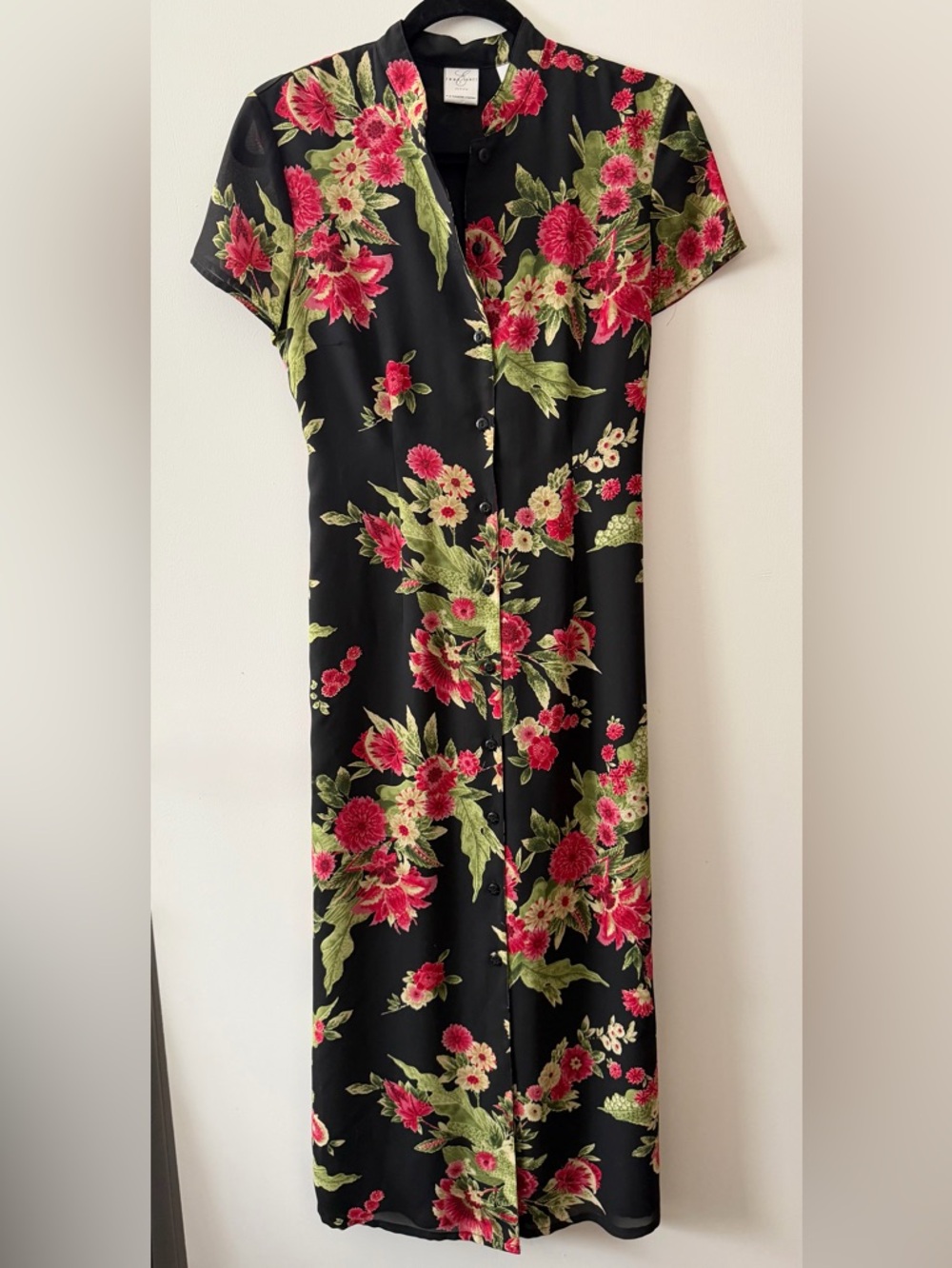 Liz Claiborne Emma James Petite Floral Button Front Dress Size 8P Black Red Midi